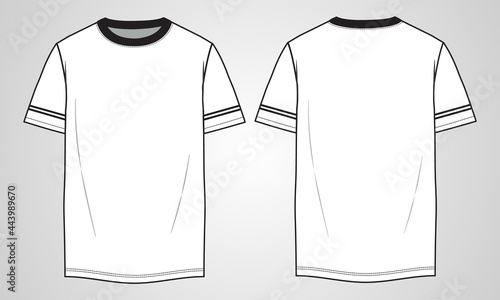 Cotton jersey Regular fit Short sleeve T-shirt technical Sketch fashion Flat Template With Round neckline. Vector illustration basic apparel design front and Back view. Easy edit and customizable.