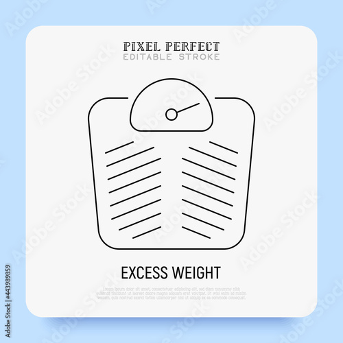 Excess weight on scales. Obesity thin line icon. Pixel perfect, editable stroke. Vector illustration.