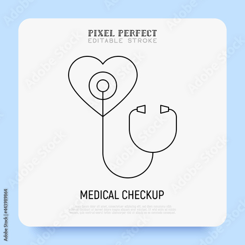 Annual medical checkup thin line icon. Medical diagnostics on early stage. Cardiology. Stethoscope on heart. Pixel perfect, editable stroke. Vector illustration.