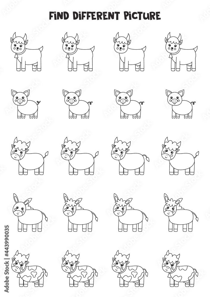 Find farm animal which is different from others. Black and white worksheet for kids.