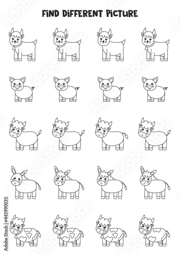 Find farm animal which is different from others. Black and white worksheet for kids.