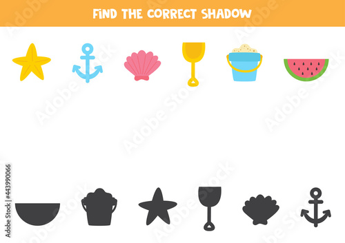 Find the correct shadows of summer items. Logical puzzle for kids.