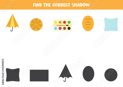 Find the correct shadows of geometrical objects. Logical puzzle for kids.