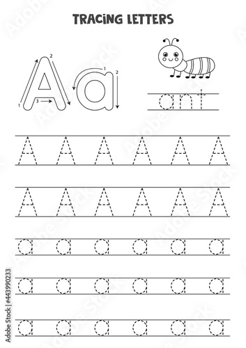 Tracing letters of English alphabet. Black and white worksheet.