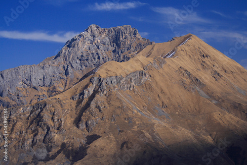 Caucasus, Ossetia. Kurtat gorge. Massif Tbau from the west. 