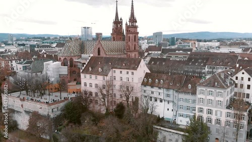 Aerial wide view of Basel Minster from the rear Pflaz, Switzerland photo