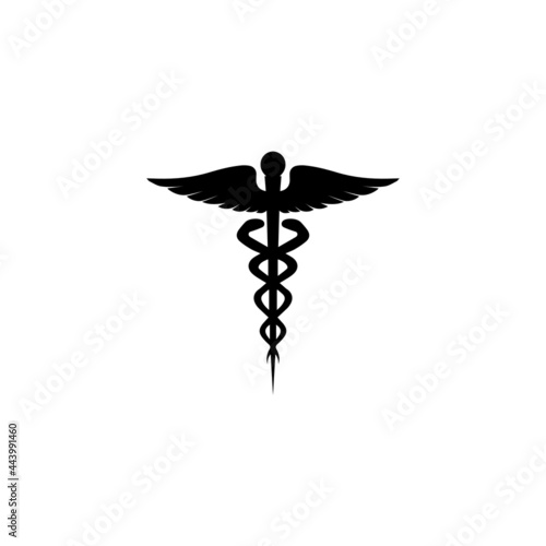 Medical caduceus symbol in black color. Logo concept of public health, two snake torches silhouette. Ancient hermes rod sign, vector isolated on white background