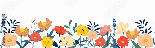 Fototapeta Naklejka Na Ścianę i Meble -  Flower and leaves seamless background vector. Blooming flowers collection with leaves, floral bouquets. Spring art wallpaper with botanical elements. Horizontal  banner design for the spring holiday.