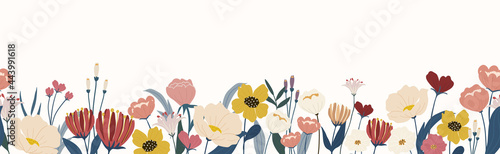 Flower and leaves seamless background vector. Blooming flowers collection with leaves, floral bouquets. Spring art wallpaper with botanical elements. Horizontal  banner design for the spring holiday.
