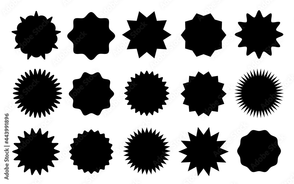 Black star stickers. Special offer sale tag, discount offer price label. Blank promo sunburst sticker vector template set