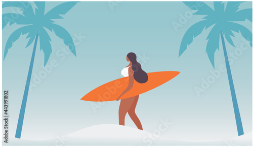 Summer holidays concept. Beautiful bikini girl holding surfboard, surfing on beach in summer day vector illustration. Summer surfing, enjoy summer holidays beach concept background