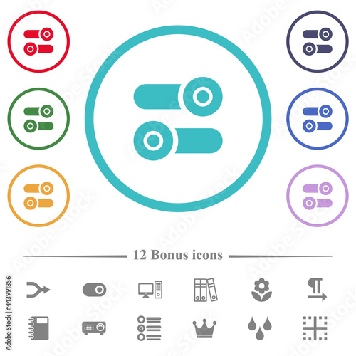 Toggle switches flat color icons in circle shape outlines