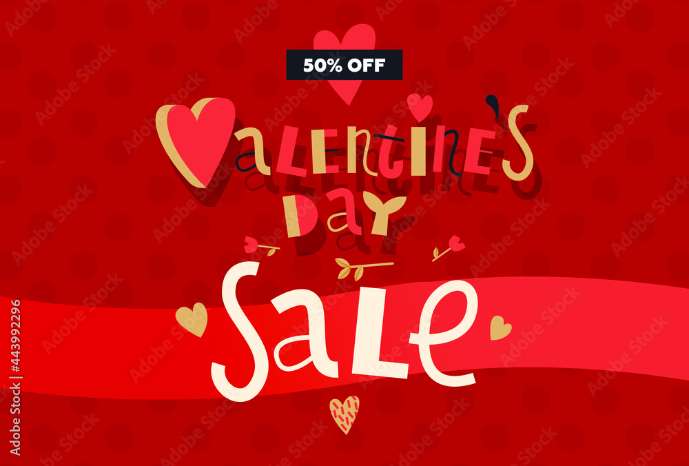 Naklejka premium Valentine's Day Sale Poster with Lettering and Decorative Elements. Modern Flat Vector Illustration. Social Media Ads.