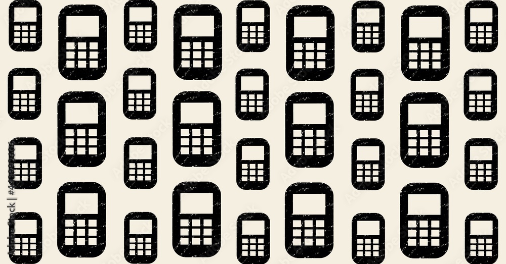 Composition of black calculators repeated in rows on beige background Composition of black calculators repeated in rows on beige background