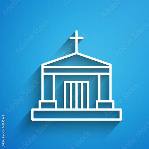 White line Old crypt icon isolated on blue background. Cemetery symbol. Ossuary or crypt for burial of deceased. Long shadow. Vector