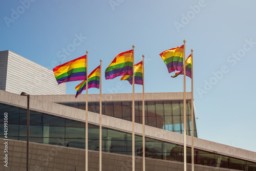 An Annual LGBT Pride Celebration in Oslo, Norway.  Rainbow flags by the side of Oslo Opera building.