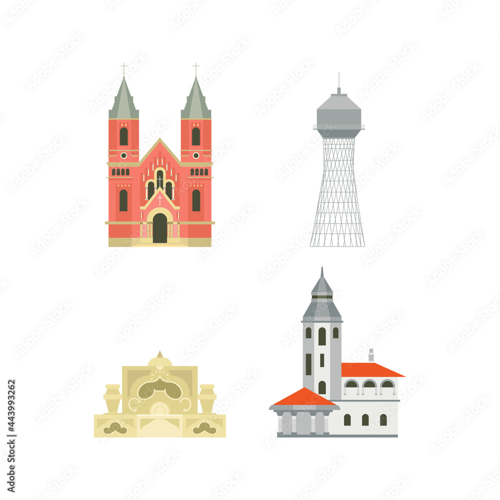Cartoon symbols of Nilokaev, Ukraine. Popular tourist architectural object. Nikolaev icons set.