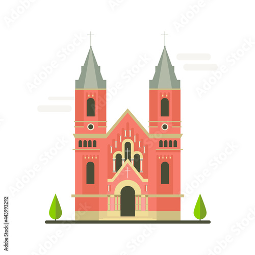 Cartoon symbols of Nikolaev. Popular tourist architectural object: Roman Catholic Church, Ukraine.