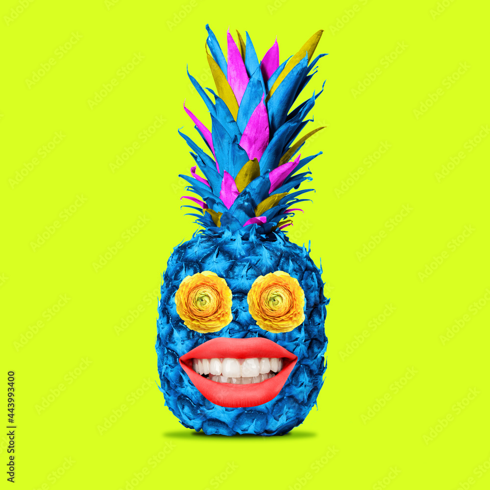 Contemporary art collage, modern design. Summer time mood. Blue pineapple with big female red lips on bright trendy neon background. - obrazy, fototapety, plakaty 