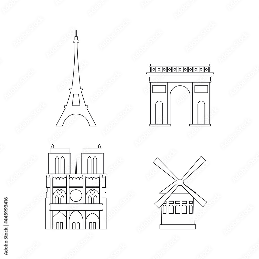 Set of Cartoon symbols of Paris in Line. Popular tourist architectural object, France.