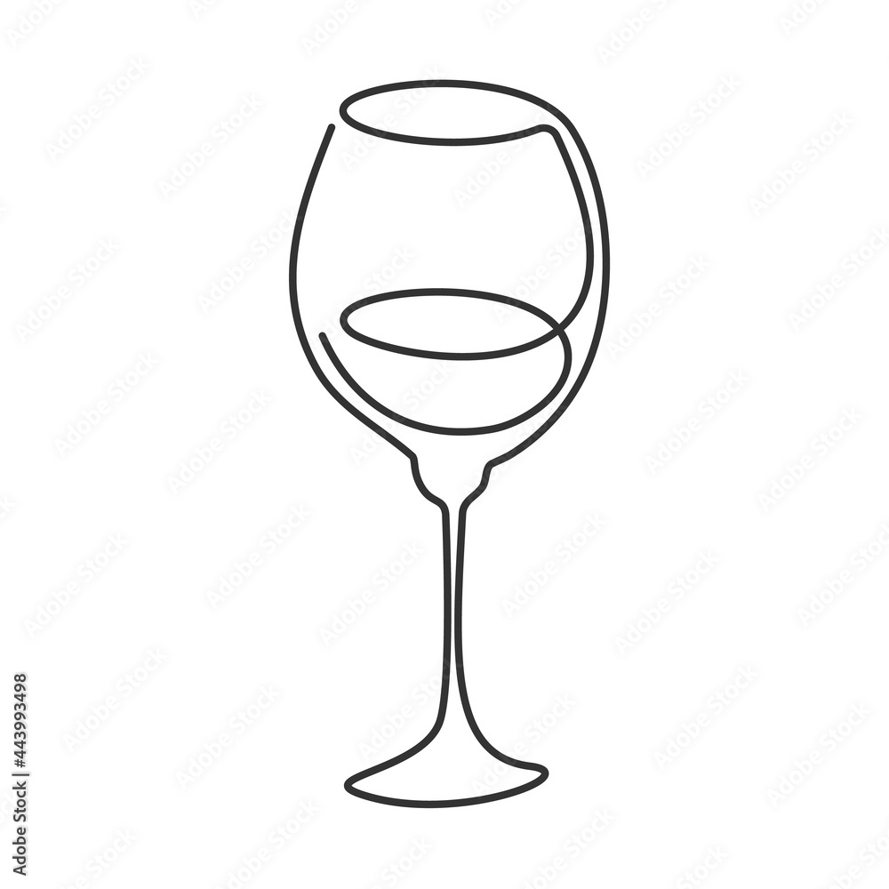 One line drawing wine glass on white background. Cartoon graphic sketch for celebration design. Continuous line way. Hand drawn party drinks concept. Freehand drawing style