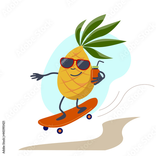 Funny pineapple rides on a skateboard. Cartoon character holding fresh smoothies. Cute fruit. Vector summer illustration.