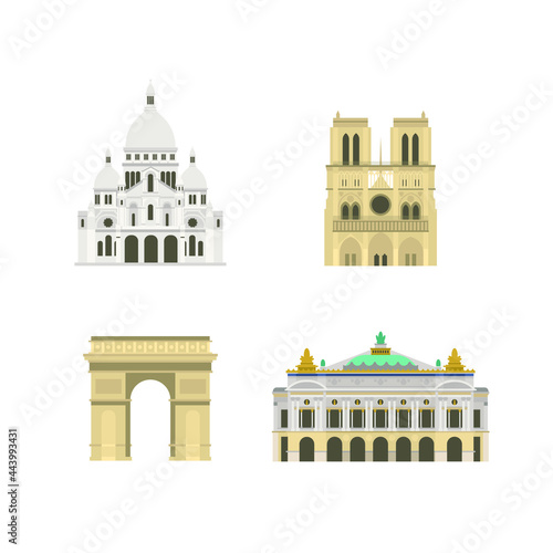 Set of Cartoon symbols of Paris. Popular tourist architectural object, France.