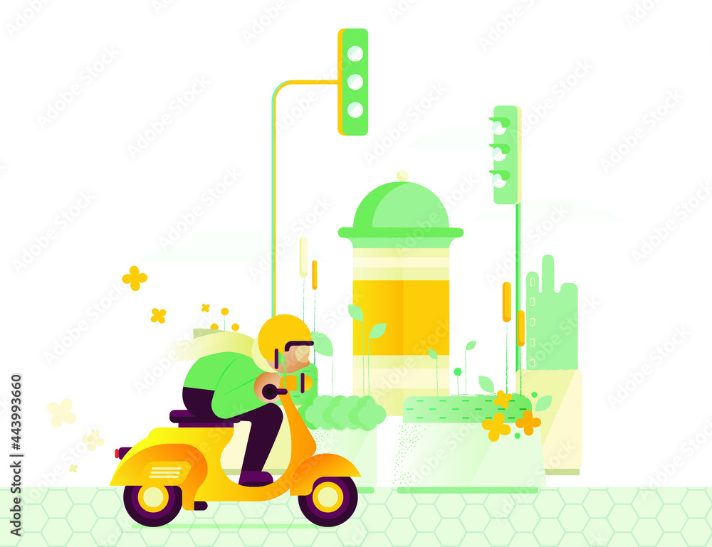 Naklejka premium Male on a Vintage Moto Bike on Background with City View with Poster Stand, Flower and Plant Constructions and Traffic Lights. Land Area with Green Grass. Open Air. Cute City Landscape Concept.