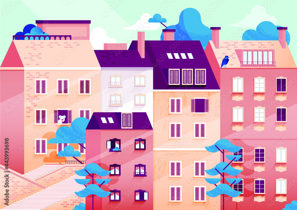 Vector illustration in Simple Minimal Geometric Flat Style. Beautiful City Landscape with Buildings and Trees, Dog and Bird, Stairs. Cute Exterior Concept. 