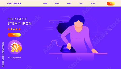 Our Best Steam Iron. Best Quality Badge. Appliances Landing Page Design Template. Website Banner. Female Use Steam Iron For Cloth. Care Appliance Concept. Light Elements. Purple Background.