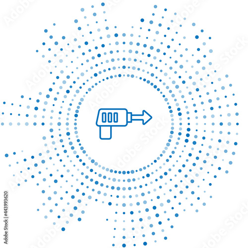 Blue line Fishing harpoon icon isolated on white background. Fishery manufacturers for catching fish under water. Diving underwater equipment. Abstract circle random dots. Vector