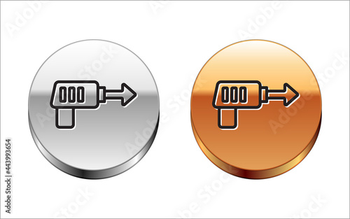 Black line Fishing harpoon icon isolated on white background. Fishery manufacturers for catching fish under water. Diving underwater equipment. Silver-gold circle button. Vector