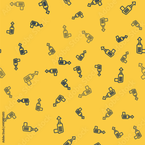 Blue line Fishing harpoon icon isolated seamless pattern on yellow background. Fishery manufacturers for catching fish under water. Diving underwater equipment. Vector
