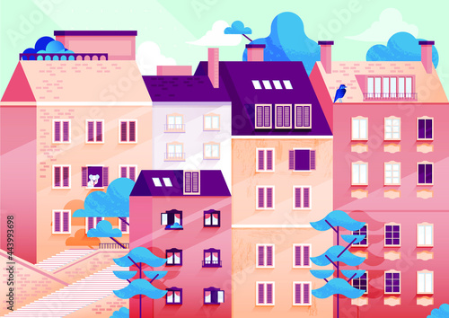 Fototapeta Naklejka Na Ścianę i Meble -  Vector illustration in Simple Minimal Geometric Flat Style. Beautiful City Landscape with Buildings and Trees, Dog and Bird, Stairs. Cute Exterior Concept. 