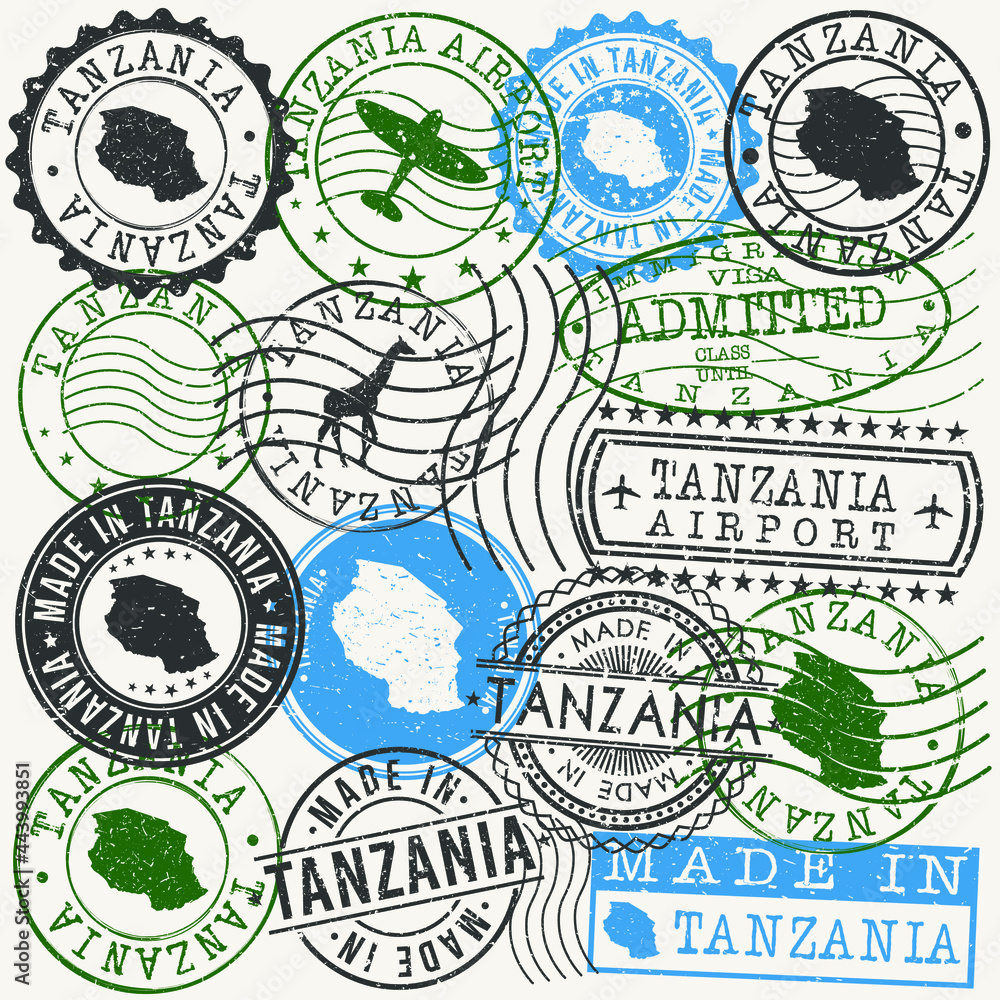 Tanzania Set of Stamps. Travel Passport Stamps. Made In Product Design Seals in Old Style Insignia. Icon Clip Art Vector Collection.