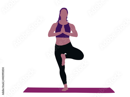 yoga illustration, practicing yoga, perform Vrikshasana exercise on a gymnastic mat, tree pose with namaste, exercising in a yoga studio