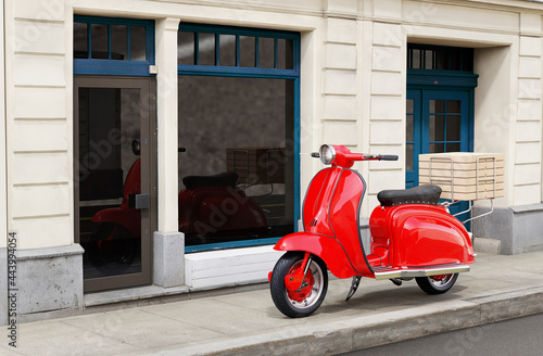 Red scooter with Pizza. Food Delivery Concept. 3D illustration