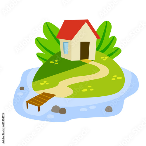 Village house with marina or pier. Home on green hill and road. Flat cartoon illsutration. Rural white building with red roof. Country landscape with river and lake