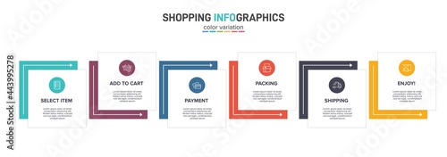 Concept of shopping process with 6 successive steps. Six colorful graphic elements. Timeline design for brochure, presentation, web site. Infographic design layout.