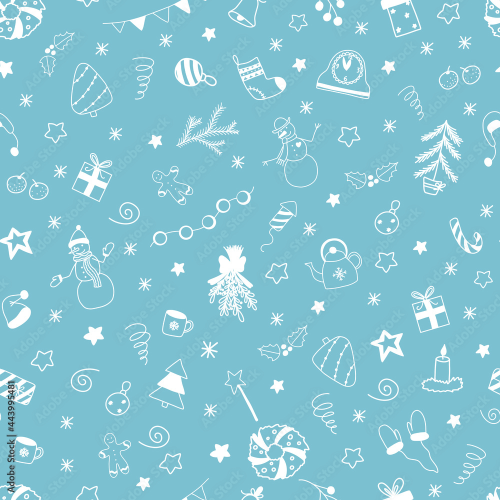 Vector christmas and new year seamless pattern with white doodles elements on light blue background. Cute cartoon snowman, garland, gift box, candle, sweets, Christmas tree, fir branch, wreath Vector christmas and new year seamless pattern with white doodles elements on light blue background. Cute cartoon snowman, garland, gift box, candle, sweets, Christmas tree, fir branch, wreath