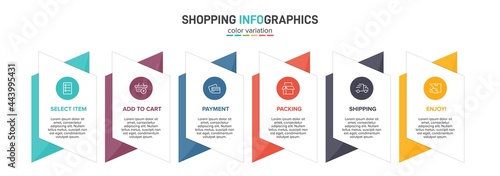 Concept of shopping process with 6 successive steps. Six colorful graphic elements. Timeline design for brochure, presentation, web site. Infographic design layout.