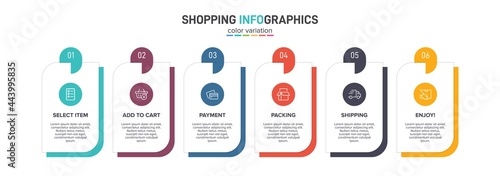 Concept of shopping process with 6 successive steps. Six colorful graphic elements. Timeline design for brochure, presentation, web site. Infographic design layout.