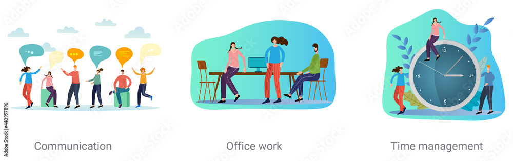 A set of vector illustrations on the topic of business.Communication,Office work,Time management.Abstract illustrations. A set of vector illustrations on the topic of business.Communication,Office work,Time management.Abstract illustrations.