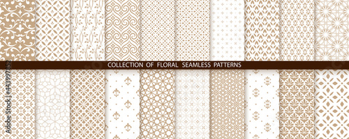 Geometric floral set of seamless patterns. Gold and white vector backgrounds. Simple illustrations