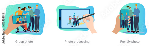 A set of vector illustrations on a business topic.Group photo, photo processing, photos of friends.Abstract vector illustrations .