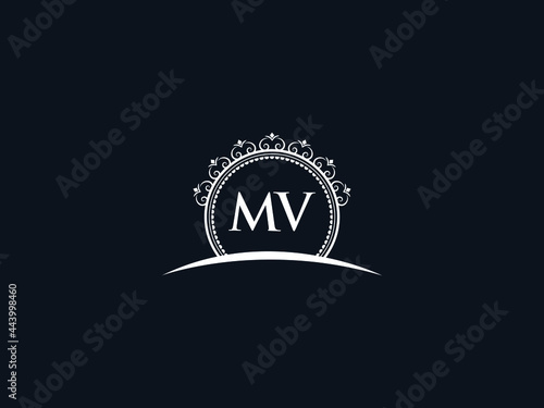 Luxury MV Letter, initial Black mv Logo Icon Vector For Hotel Heraldic Jewelry Fashion Royalty With Brand Identity and Print Template Image