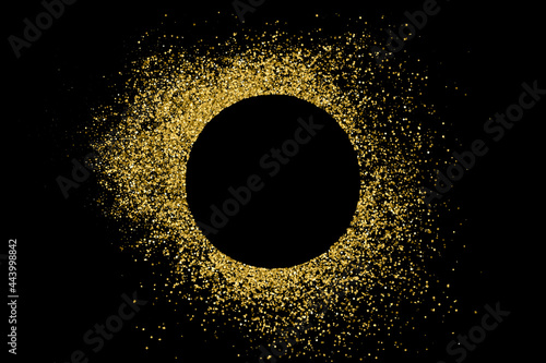 Golden Frame Explosion Of Confetti. Gold Glitter Texture Isolated On Black. Space For Text. Celebratory Background. Vector Illustration  Eps 10.  