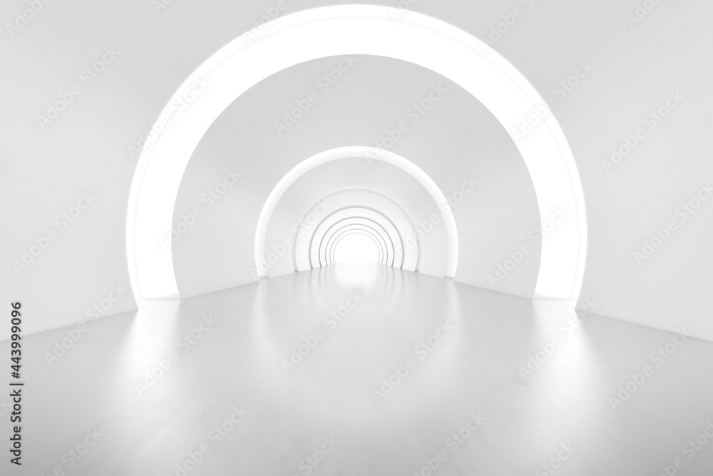 Abstract 3d rendering of empty futuristic arch tunnel room with light on the wall. Sci-fi concept. - obrazy, fototapety, plakaty 