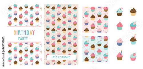 Happy birthday greeting card set and party invitation templates, with ice cream, donut and muffin patterns. birthdy sweets and treats. vector illustration