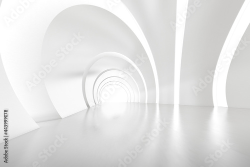 Abstract 3d rendering of empty futuristic arch tunnel room with light on the wall. Sci-fi concept.